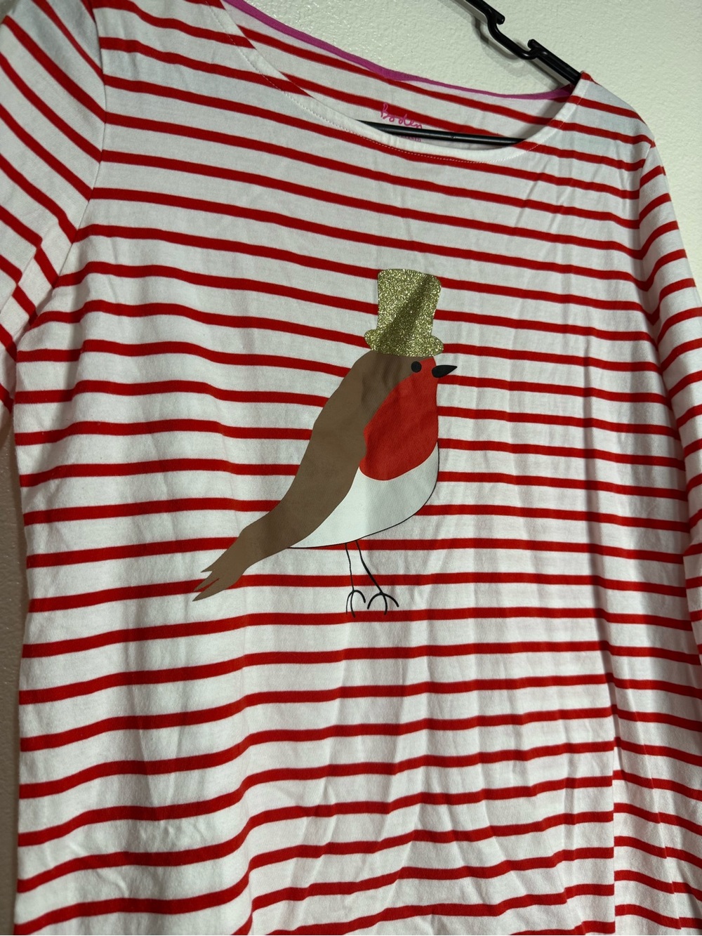 Boden The Christmas Breton Red & White Striped Top with Pink Trim (Box B) - Picture 4 of 9